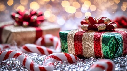 Wall Mural - christmas presents wrapped in colorful ribbons and bows with sparkling lights