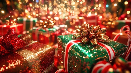 Wall Mural - christmas presents wrapped in colorful ribbons and bows with sparkling lights