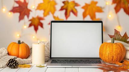 Wall Mural - Cozy Thanksgiving Autumn with copy space Laptop Surrounded by Pumpkins, Candle, Warm Lights, and Colorful Leaves Creating a Seasonal Ambience for Productivity and Inspiration