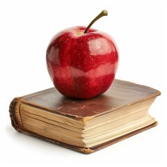 Wall Mural - Shiny red apple rests on a weathered antique book, representing learning, growth, and the pursuit of knowledge