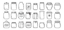 Jars hand drawn doodle isolated on white background. Jar empty, template outline drawing elements collection.