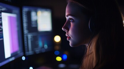 Aufkleber - Young woman in headphones looking at computer screen with concentration.