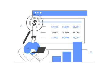 Poster - Financial report, management.  Character analyzing charts, balance sheet, income statement and other business data. Flat Cartoon Vector Illustration, icon. Stylish abstract