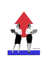 Poster - Full body length photo collage of senior specialists women communicate teamwork making profit company isolated on white background