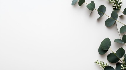 Poster - Eucalyptus leaves in a flat lay composition highlight the beauty of nature against a clean white backdrop with studio lighting
