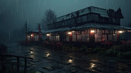 Wall Mural - A view of an abandoned restaurant in the rain at night. 4K animated video