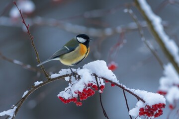 Wall Mural - Great tit perched on snowy branch with red berries in winter