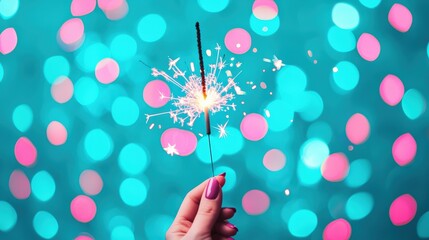 Poster - Woman holding sparkler celebrating new year's eve with dazzling lights and colors