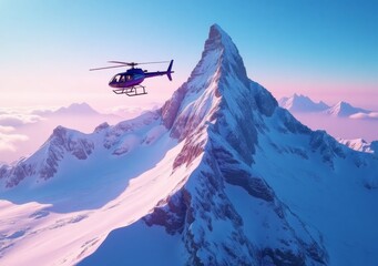 Wall Mural - Helicopter flying over snow-capped mountain peaks during sunset