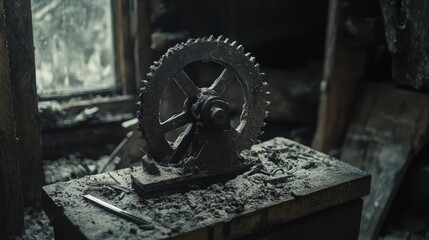 Canvas Print - A Rusty Cogwheel in a Desolate Interior