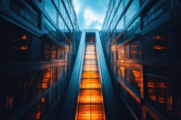 Aufkleber - Glowing orange escalator connecting two modern buildings at dusk