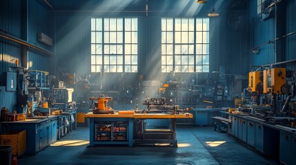 Canvas Print - A Well-Equipped Workshop Bathed in Sunlight Through Large Windows