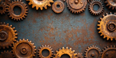 Aufkleber - Rusty gears creating a frame on a metallic background
