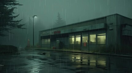 Wall Mural - A view of a building during heavy rain at night. 4K animated video