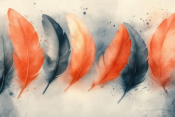 Aufkleber - Orange and gray feathers creating a watercolor pattern
