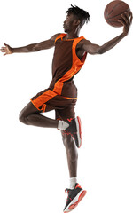 Jump shot. One young African-American man, professional basketball player training, practicing against transparent background. Concept of professional sport, healthy lifestyle, motion and action