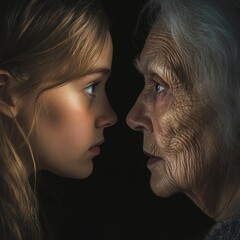 A young woman and an elderly woman face each other, their expressions mirroring each other's.