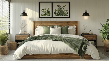 Wall Mural - Stock photo of a Design a bright and cozy modern farmhouse master bedroom with white walls. The bed features The Driftless Platform Bed Frame with an extra-wide headboard, generative ai