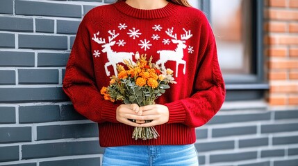 Cheerful young woman in a festive sweater surrounded by holiday decorations in a cozy indoor setting