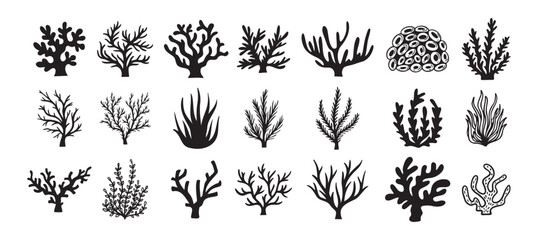 Coral silhouettes, seaweed black icon. Abstract organic corals shape, underwater plant, sea doodle. Cartoon marine floral isolated set 