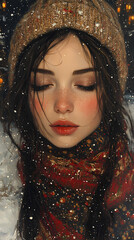 In this oil painting of primitive folk art, a young girl enjoys a winter night surrounded by warm earthy colors