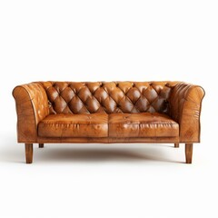 Poster - Classic brown leather chesterfield sofa standing on white background, representing luxury and comfort