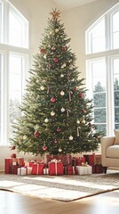 Wall Mural - Majestic Christmas tree adorned with shimmering ornaments and twinkling lights stands tall in a bright, airy living room, surrounded by festively wrapped gifts.