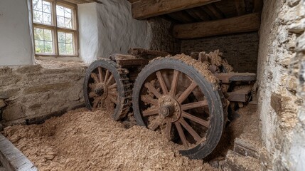 Wall Mural - Old Wooden Wheels and Gears in a Stone Building