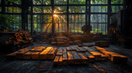 Wall Mural - Sunbeams illuminate a pile of wooden planks in a darkened, overgrown greenhouse