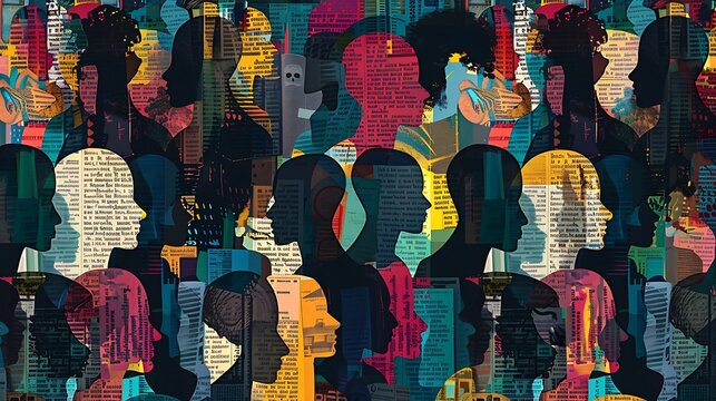A vibrant collage of silhouetted profiles filled with text, representing diverse thoughts and identities.