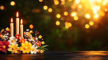 Poster - A serene candle arrangement with vibrant flowers, set against a softly glowing background, creating a warm, inviting atmosphere