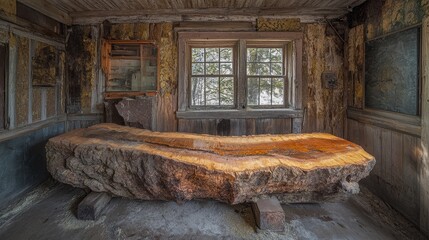 Wall Mural - A Large Tree Trunk Serving as a Table in an Abandoned Room