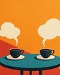 © Somporn - Two coffee cups sit on a table against a vibrant orange background, with speech bubbles suggesting conversation or dialogue.