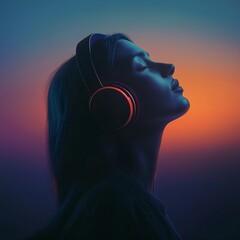 Wall Mural - Digital Illustration: Woman with Headphones Against Sunset