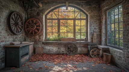 Wall Mural - Abandoned Workshop with Autumn Leaves and Sunlight Streaming Through a Large Window