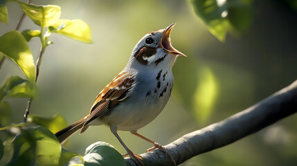 Wall Mural - a songbird chirping with its beak open, in a natural setting.