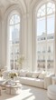 © Maria Starus - Elegant living room with tall arched windows and plush white furniture, AI