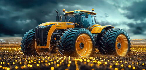 Poster - ai-powered yellow smart tractor for precision farming and automated harvest in modern agriculture