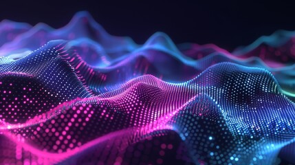 Wall Mural - Abstract digital background featuring neon waves in pink, purple, and blue with dotted texture. Curving forms and glowing dots create depth and fluidity against a dark backdrop