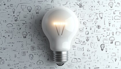 Wall Mural - 3D light bulb with business and education doodles surrounding it, isolated on a white background, concept of innovation, creativity, and knowledge