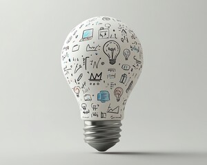 Wall Mural - 3D rendering of a light bulb with business and education doodles, isolated on a white background, concept of creativity and knowledge