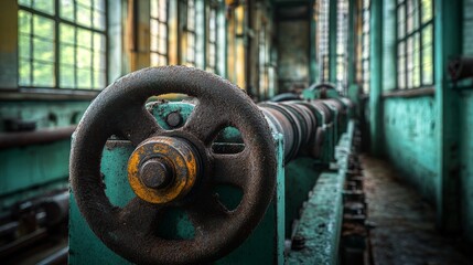 Wall Mural - Rusty Wheel and Machinery in an Abandoned Factory