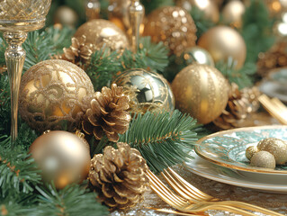 A festive table setting adorned with golden ornaments, pinecones, and lush greenery, creating a warm holiday atmosphere.