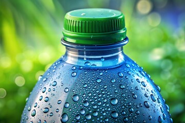 Wall Mural - Blue plastic sports drink bottle with condensation on green grass background