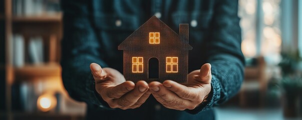 Aufkleber - Business executive displaying holographic home symbols, digital transformation, and innovative real estate technologies in a corporate office
