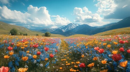 Wall Mural - Vibrant Wildflower Meadow Against Majestic Mountains