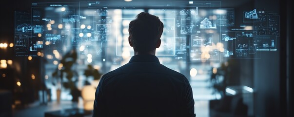 Aufkleber - Business executive displaying holographic home symbols, digital transformation, and innovative real estate technologies in a corporate office