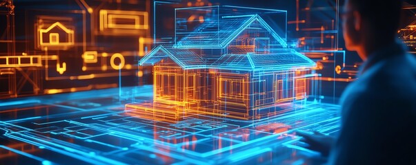 Aufkleber - Business professional interacting with advanced 3D holographic houses, vibrant neon blue highlights, and futuristic smart home interfaces