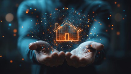 Poster - Businessman holding holographic home icons in a sleek corporate setting, with advanced digital transformation elements and futuristic tech visuals