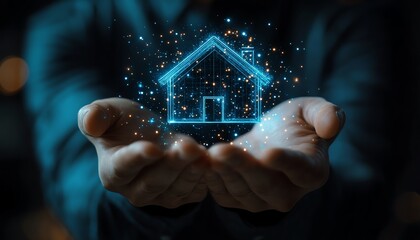 Poster - Businessman holding holographic home icons in a sleek corporate setting, with advanced digital transformation elements and futuristic tech visuals